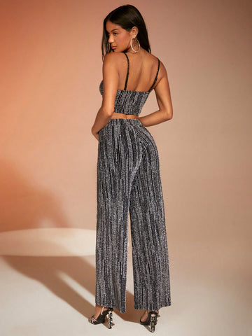 BAE Glitter Crop Cami Top & Wide Leg Pants shein