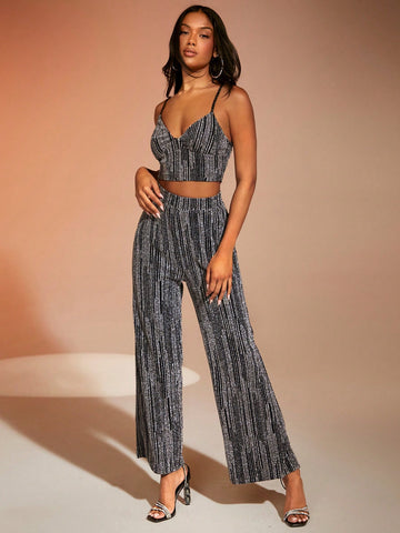 BAE Glitter Crop Cami Top & Wide Leg Pants shein