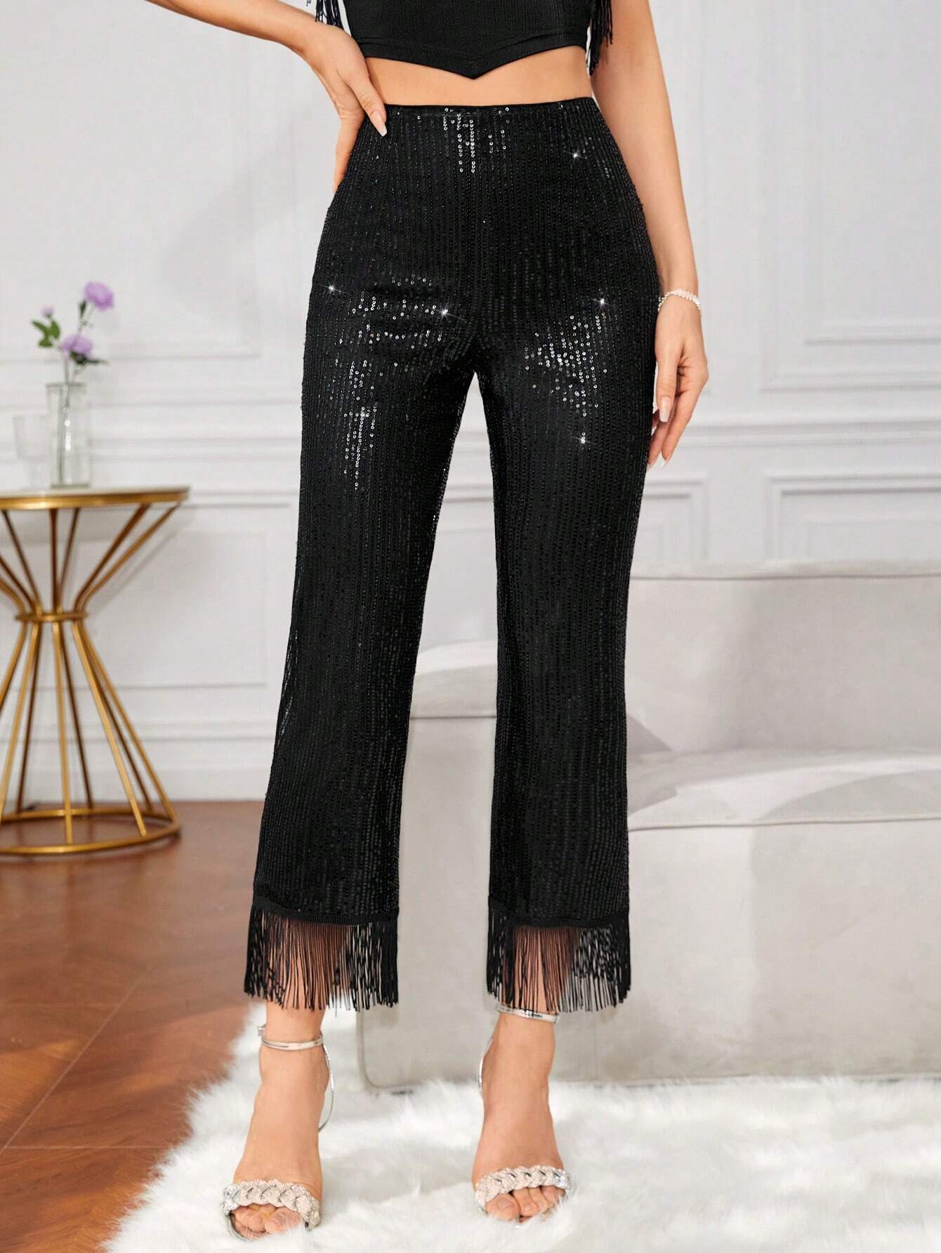 BAE High Waist Fringe Hem Sequin Flare Leg Pants shein