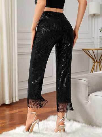 BAE High Waist Fringe Hem Sequin Flare Leg Pants shein