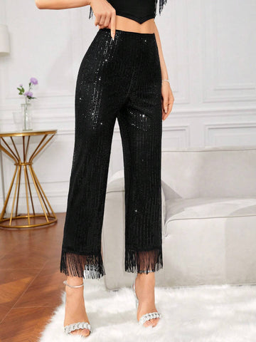 BAE High Waist Fringe Hem Sequin Flare Leg Pants shein