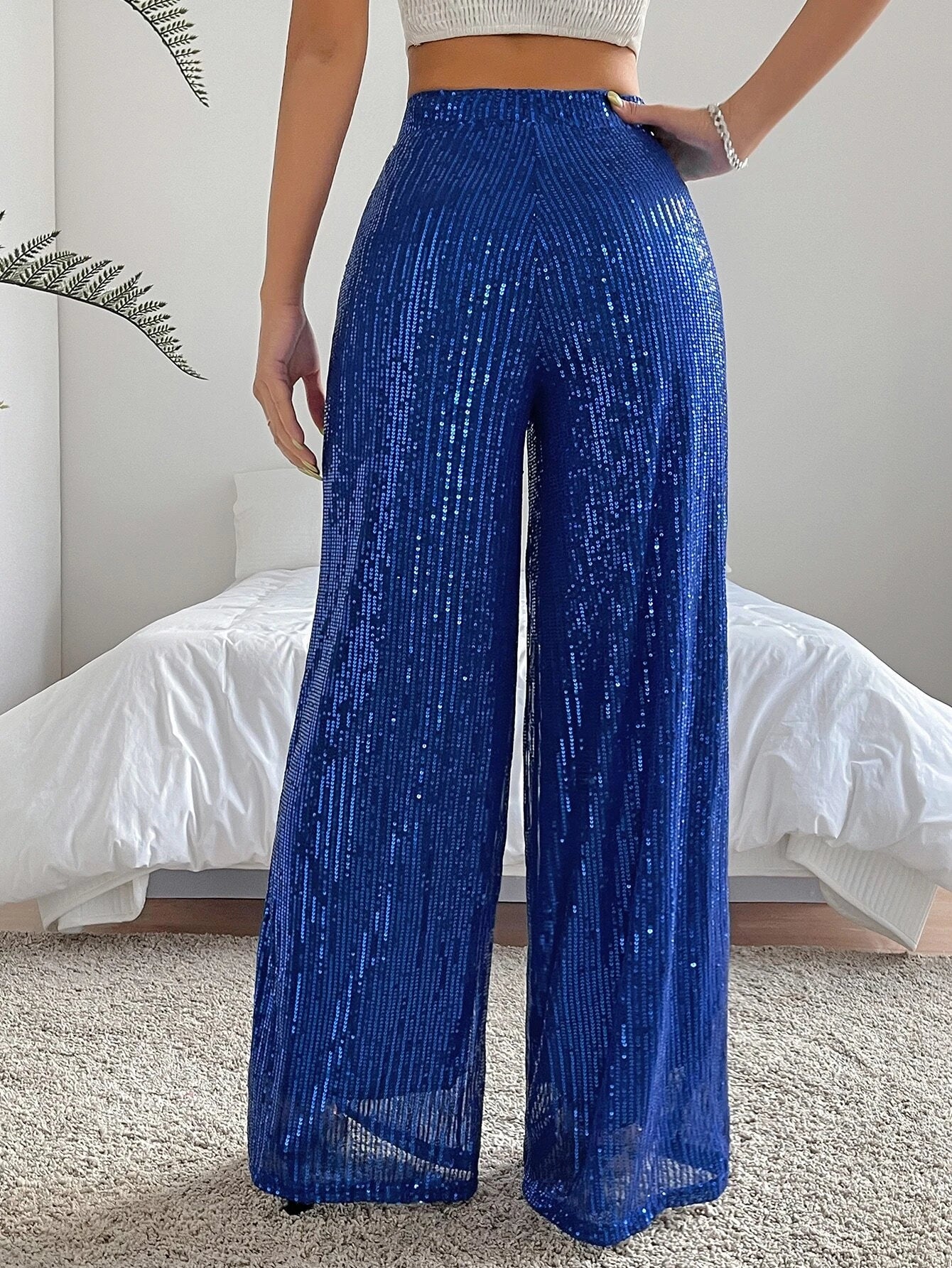 BAE High Waist Sequins Wide Leg Pants shein