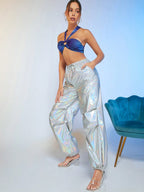 BAE Holographic Knot Waist Metallic Pants shein