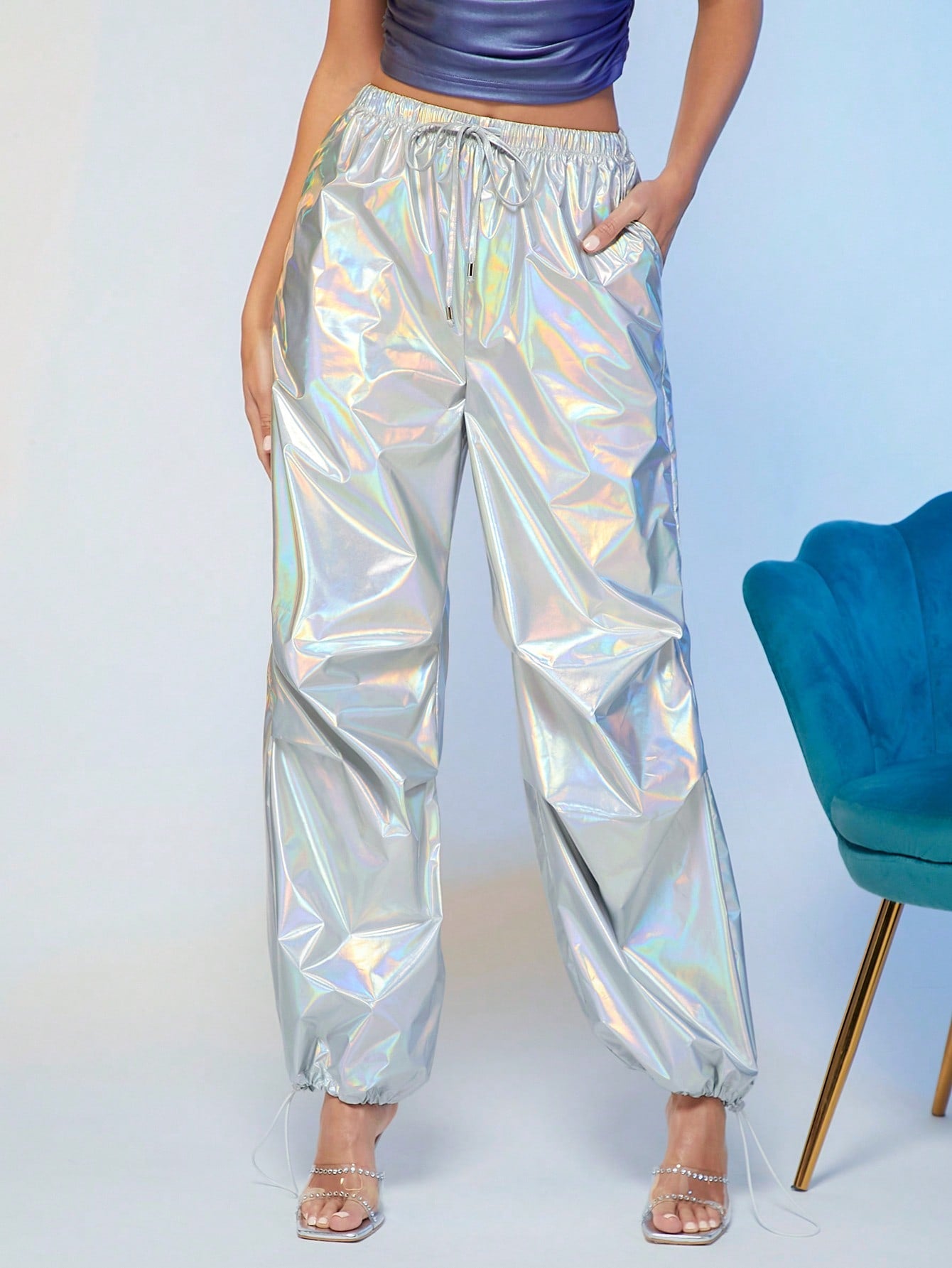 BAE Holographic Knot Waist Metallic Pants shein
