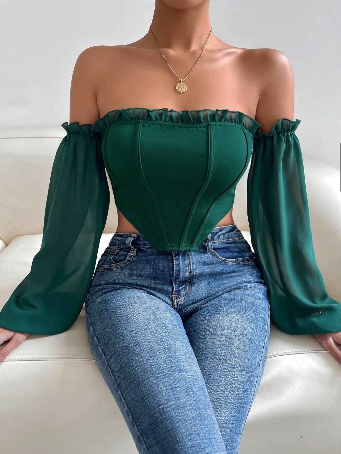 BAE Off Shoulder Frill Trim Asymmetrical Hem Crop Top shein