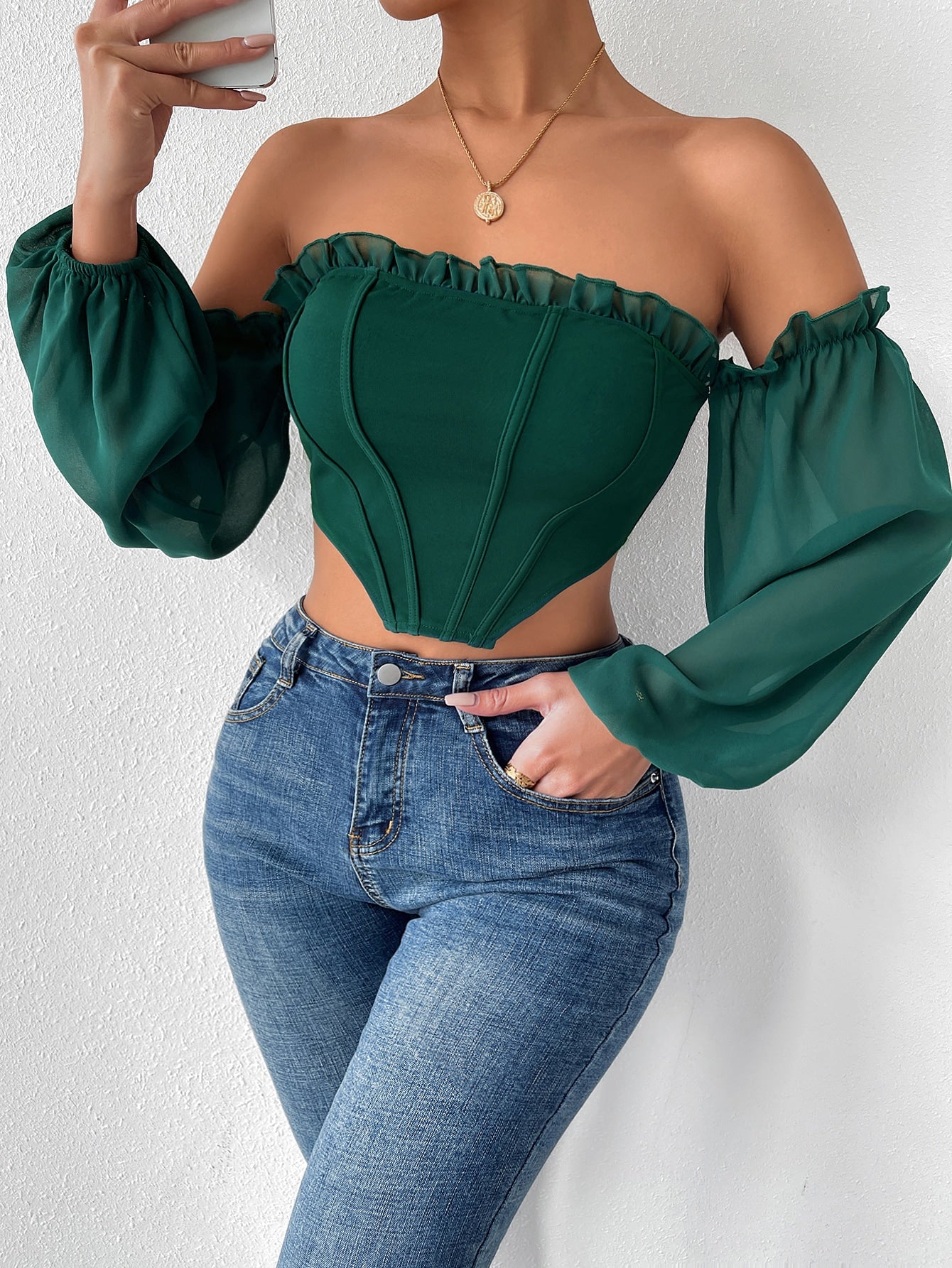 BAE Off Shoulder Frill Trim Asymmetrical Hem Crop Top shein