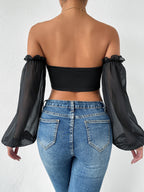 BAE Off Shoulder Frill Trim Asymmetrical Hem Crop Top shein