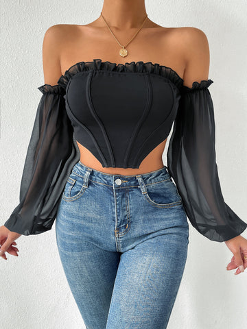 BAE Off Shoulder Frill Trim Asymmetrical Hem Crop Top shein