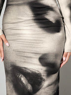 BAE Retro Portrait Mesh Printed Long-Sleeved Slim Long Hip-Hugging Tight Dress shein