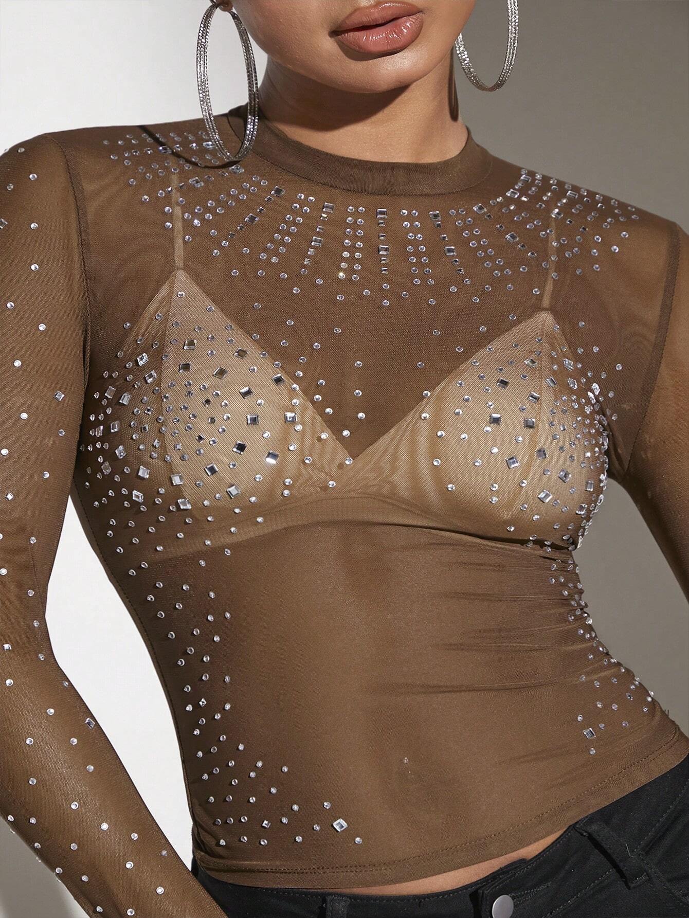 BAE Rhinestone Detail Mesh Top shein