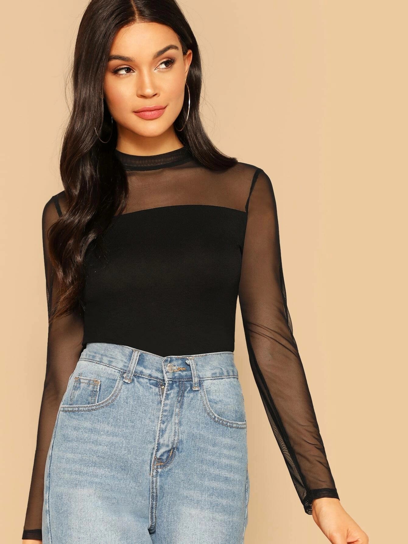 BAE Sheer Mesh Yoke Mock Neck Top shein