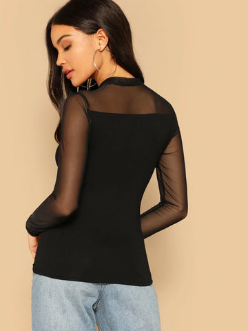 BAE Sheer Mesh Yoke Mock Neck Top shein