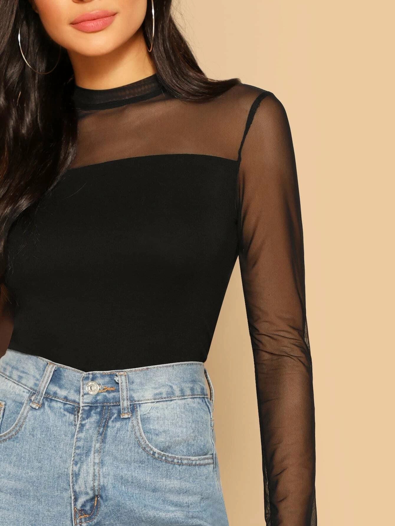 BAE Sheer Mesh Yoke Mock Neck Top shein