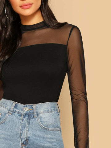 BAE Sheer Mesh Yoke Mock Neck Top shein