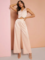 BAE Solid Bow Backless Satin Tank Top & Wide Leg Pants shein