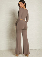 BAE Solid Cut Out Front Crop Top & Flare Leg Pants shein