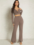 BAE Solid Cut Out Front Crop Top & Flare Leg Pants shein