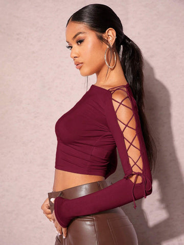 BAE Solid Off The Shoulder Lace Up Tee shein