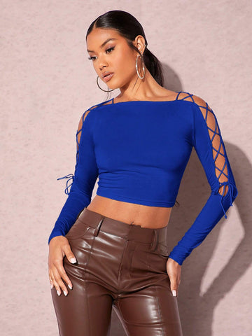 BAE Solid Off The Shoulder Lace Up Tee shein