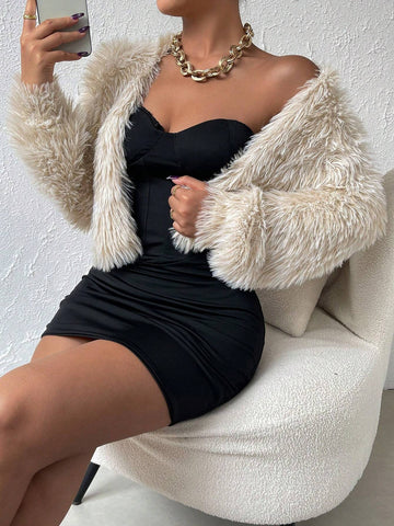 BAE Solid Open Front Fuzzy Cardigan shein