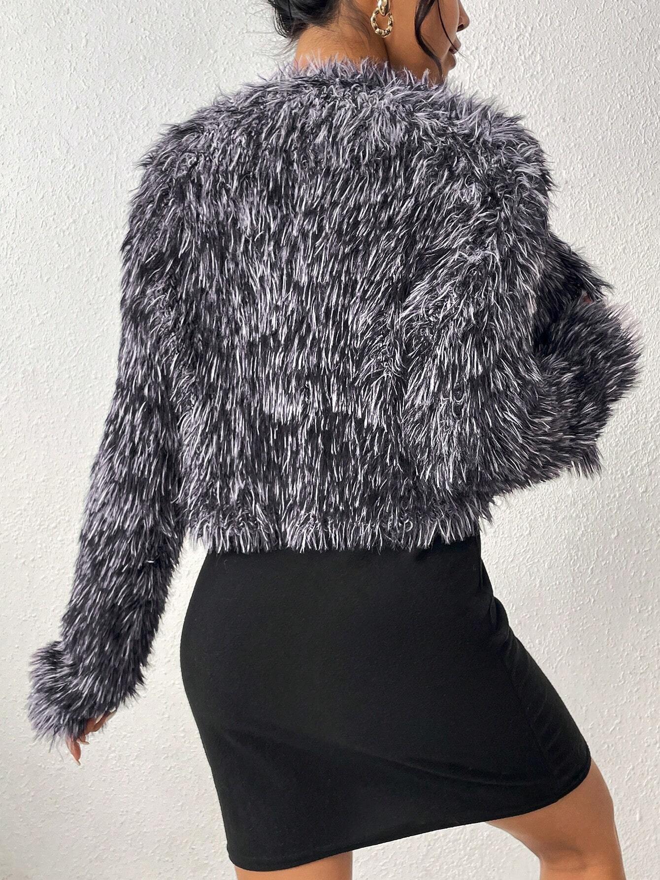 BAE Solid Open Front Fuzzy Cardigan shein