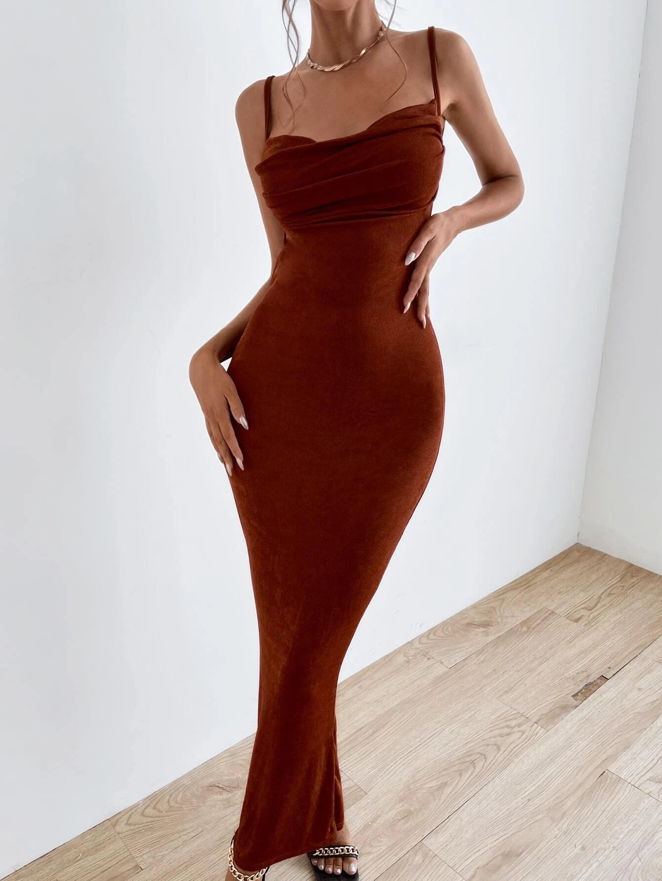 BAE Solid Tie Backless Ruched Dress shein