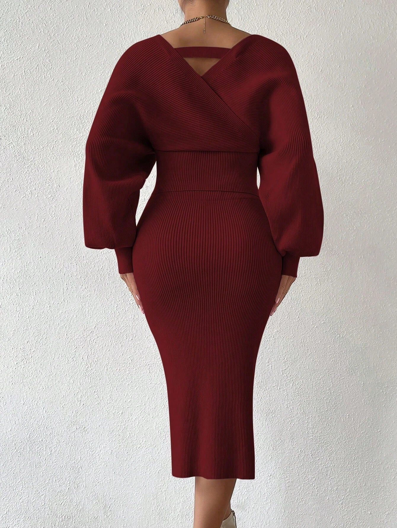 BAE Surplice Neck Batwing Sleeve Sweater & Knit Skirt shein