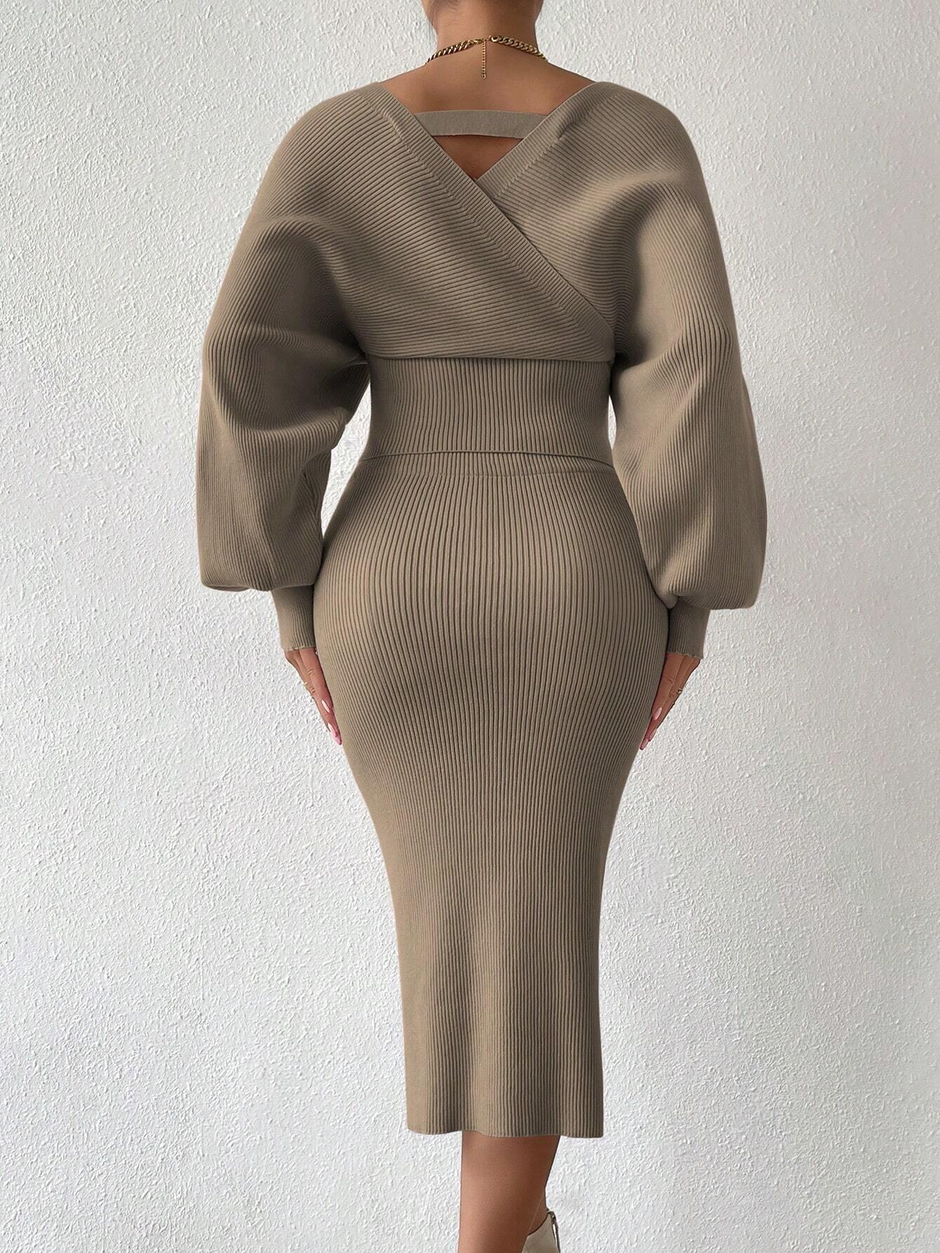 BAE Surplice Neck Batwing Sleeve Sweater & Knit Skirt shein