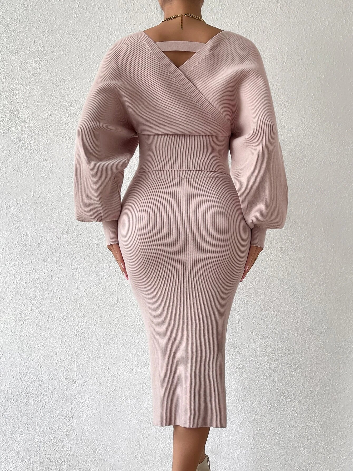 BAE Surplice Neck Batwing Sleeve Sweater & Knit Skirt shein