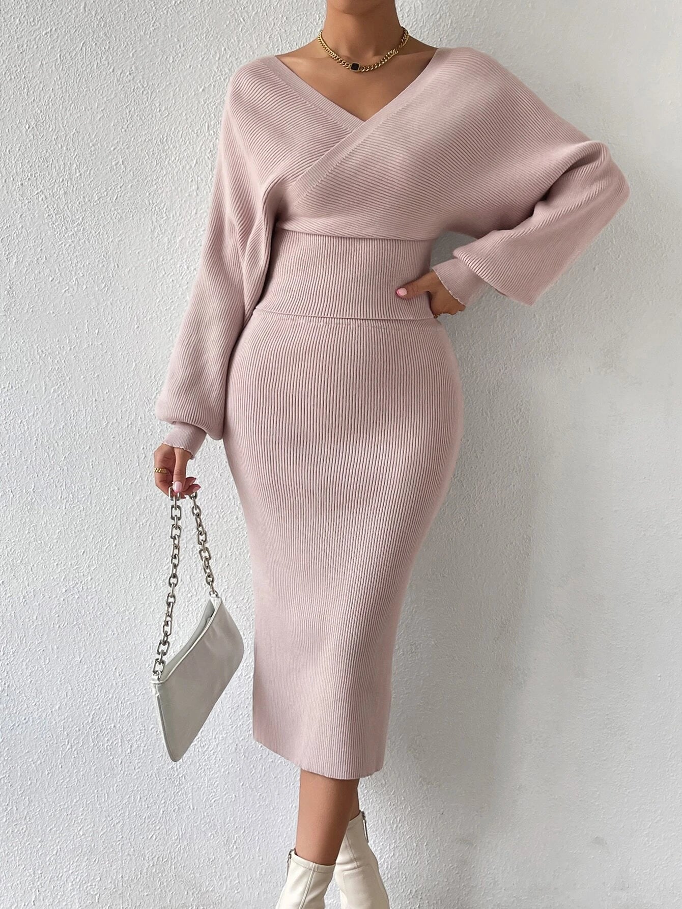 BAE Surplice Neck Batwing Sleeve Sweater & Knit Skirt shein