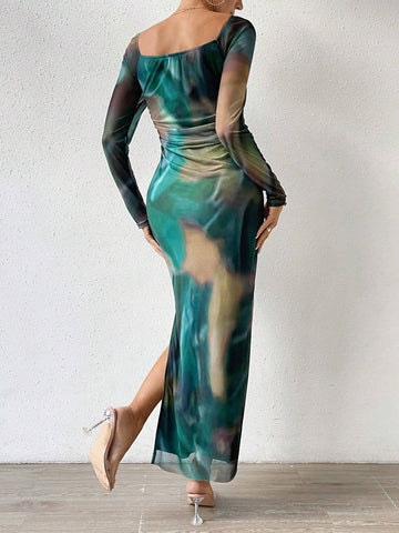 BAE Tie Dye Off Shoulder Ruched Split Thigh Dress shein