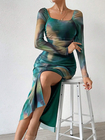 BAE Tie Dye Off Shoulder Ruched Split Thigh Dress shein