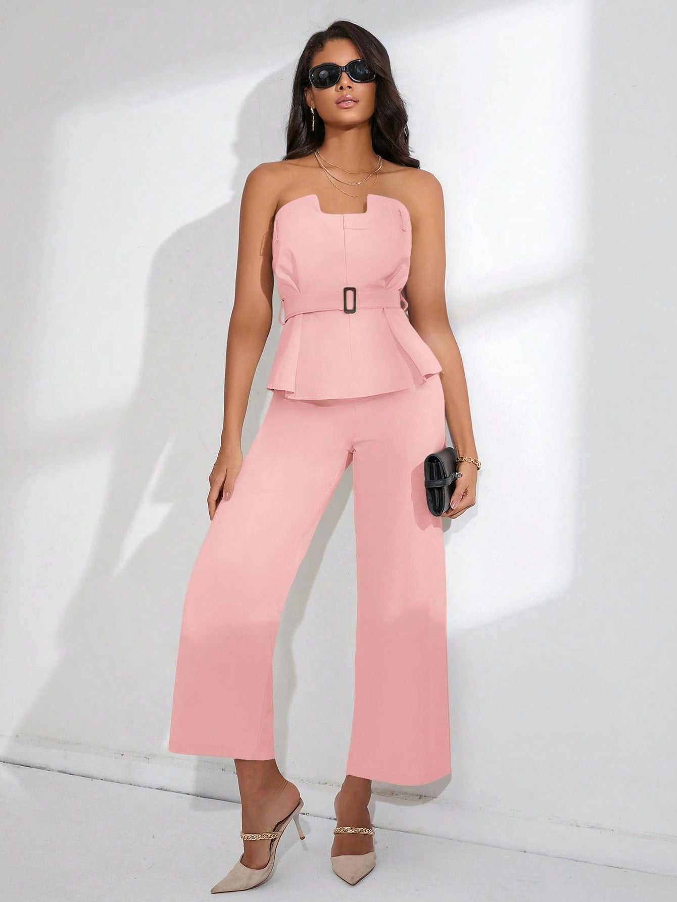 BIZwear Belted Tube Top & Wide Leg Pants shein