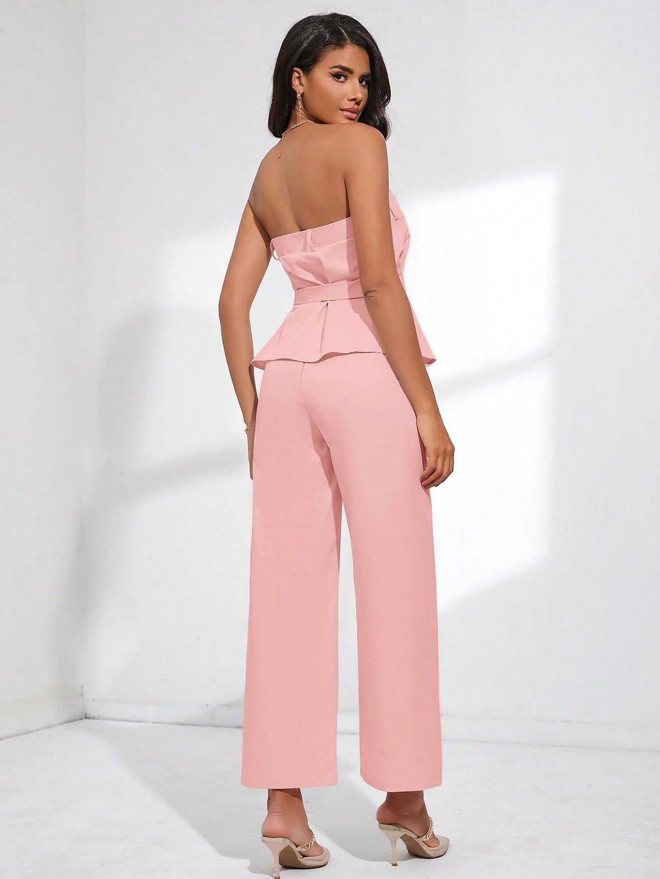 BIZwear Belted Tube Top & Wide Leg Pants shein