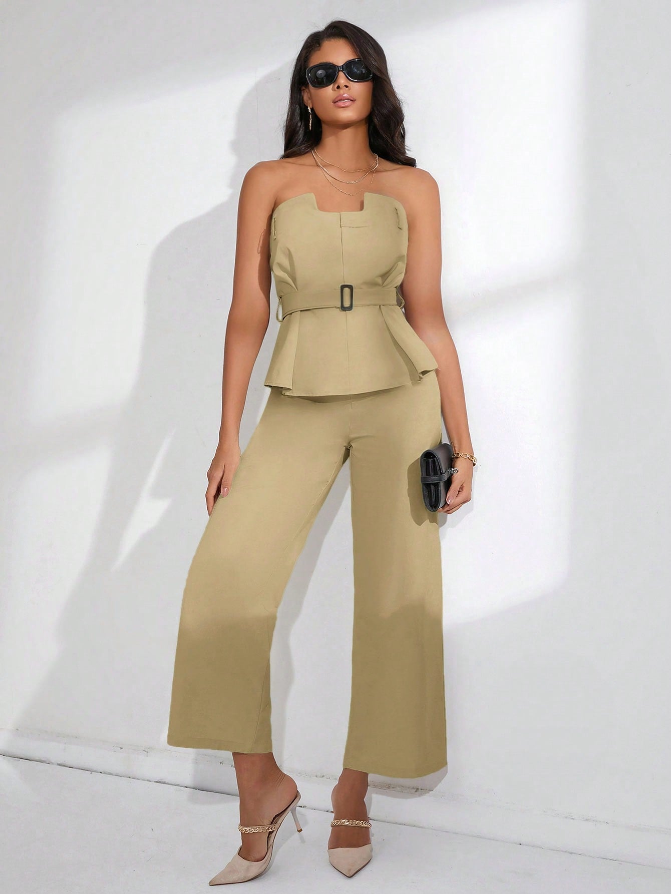 BIZwear Belted Tube Top & Wide Leg Pants shein