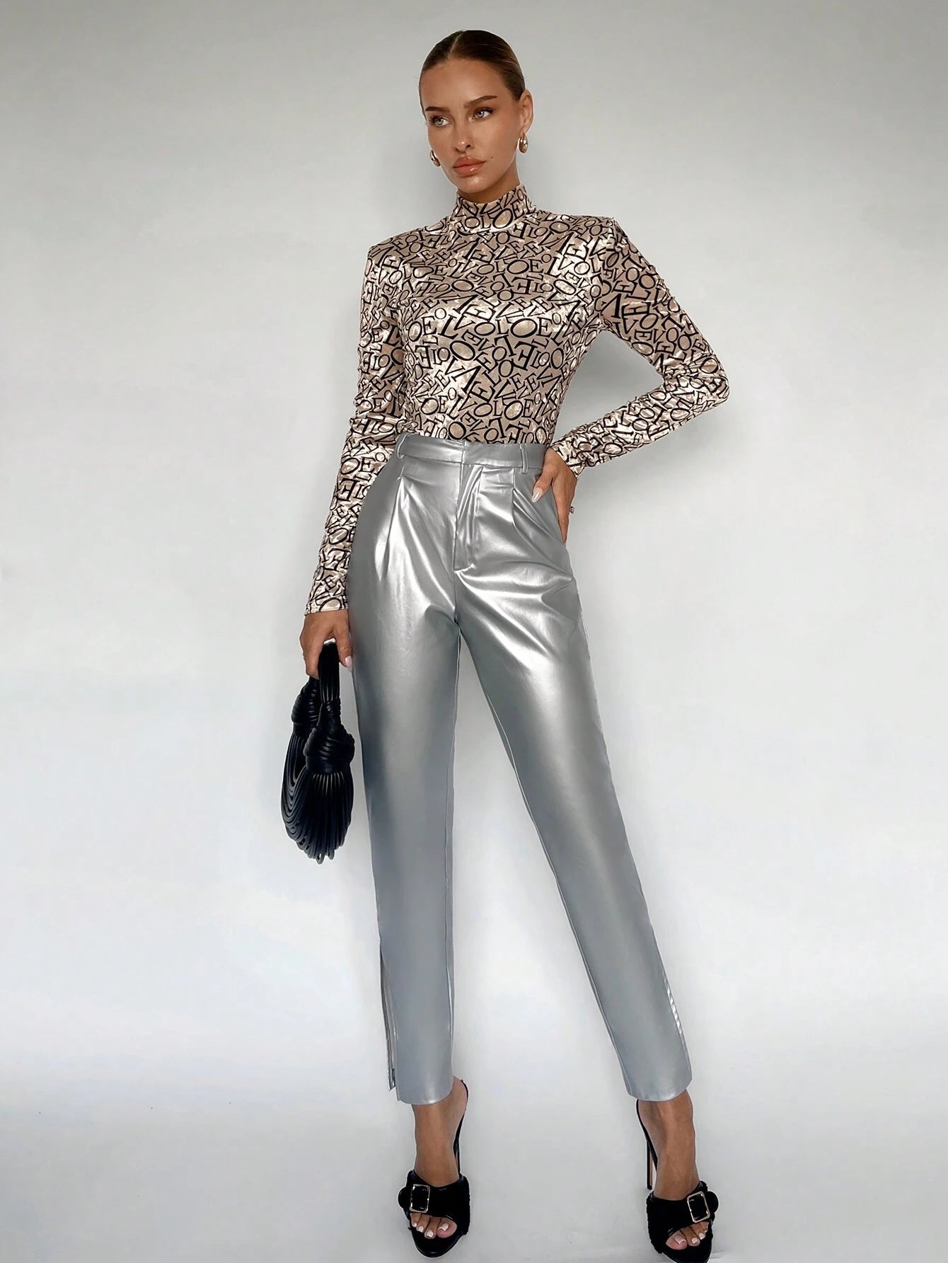 BIZwear High Waist Metallic Pants shein