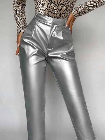 BIZwear High Waist Metallic Pants shein