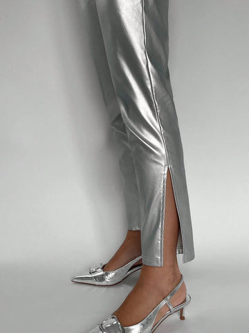 BIZwear High Waist Metallic Pants shein