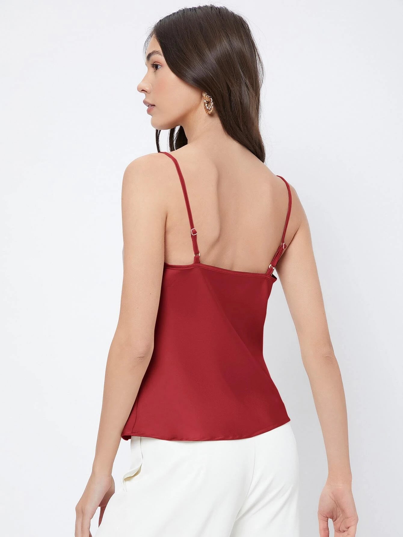 BIZwear Solid Color Draped-Neck Satin Camisole Top shein