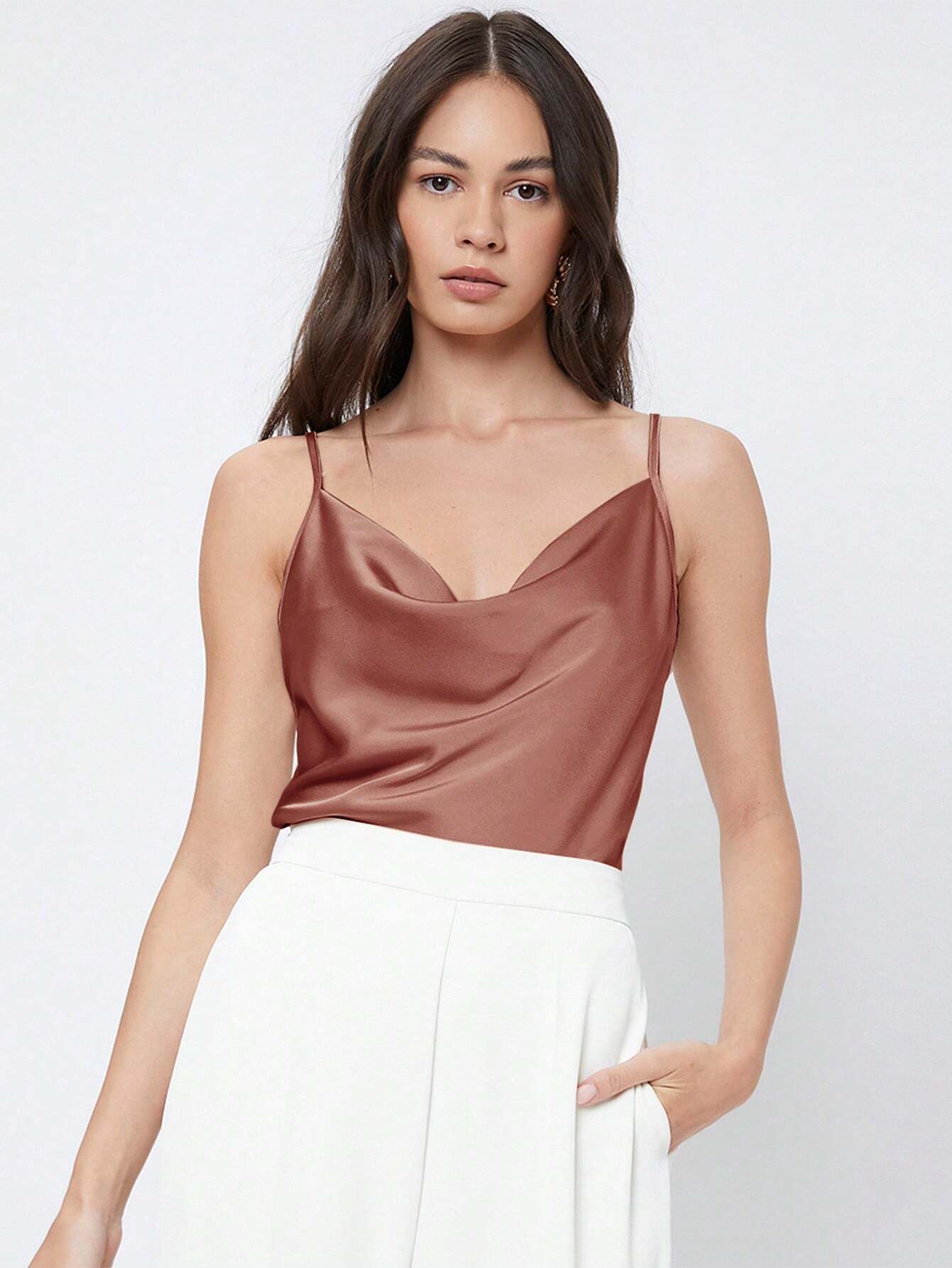 BIZwear Solid Color Draped-Neck Satin Camisole Top shein