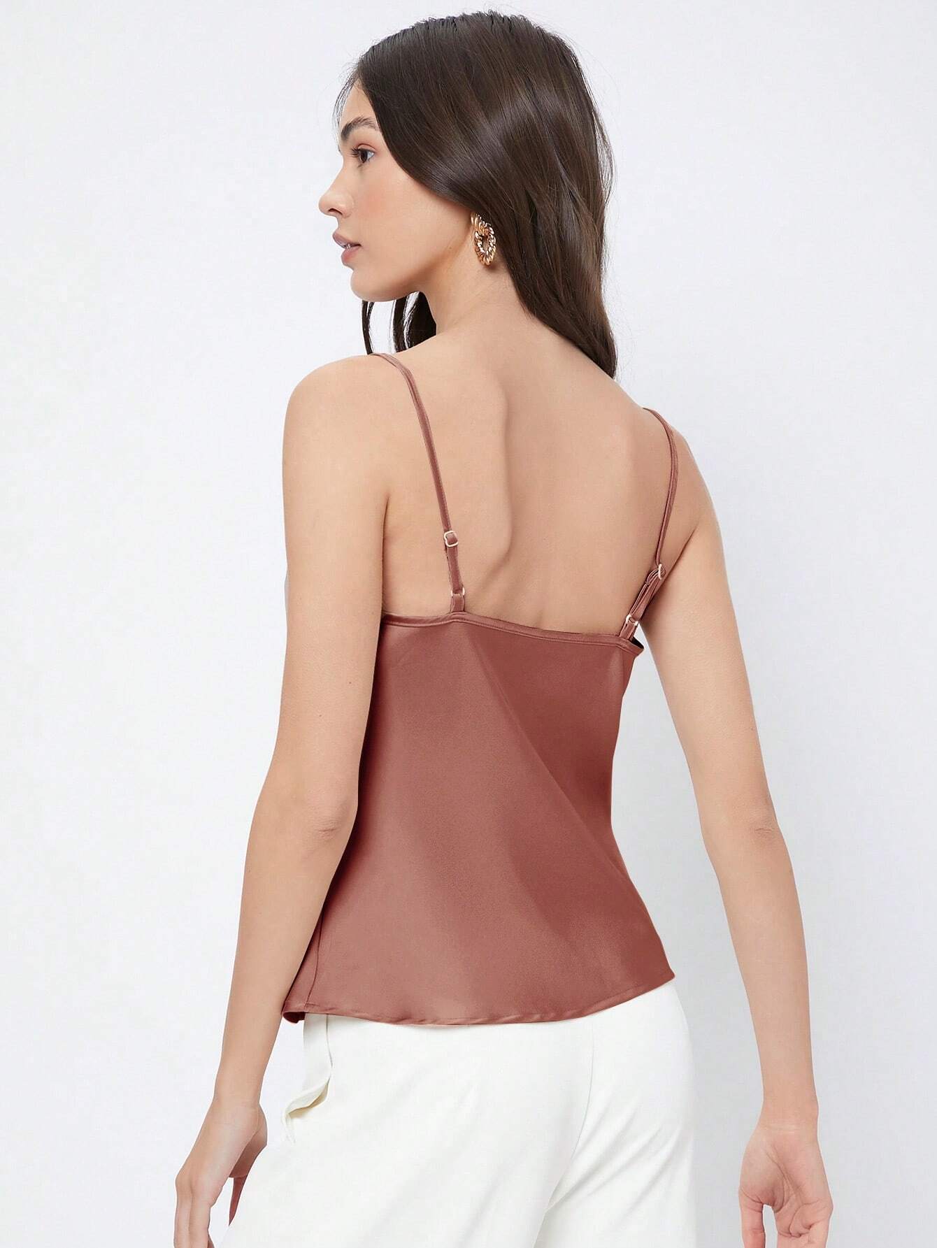 BIZwear Solid Color Draped-Neck Satin Camisole Top shein