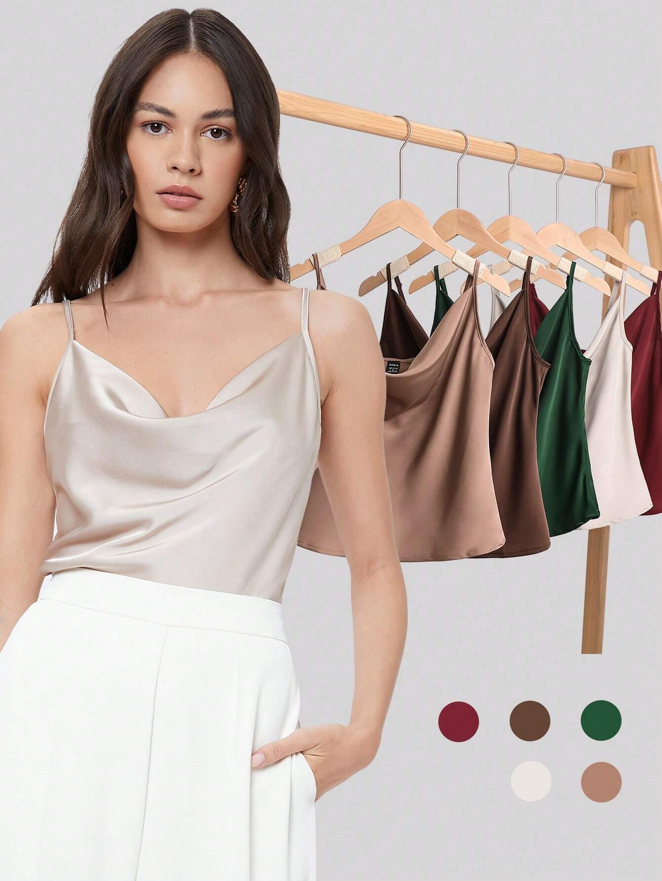 BIZwear Solid Color Draped-Neck Satin Camisole Top shein