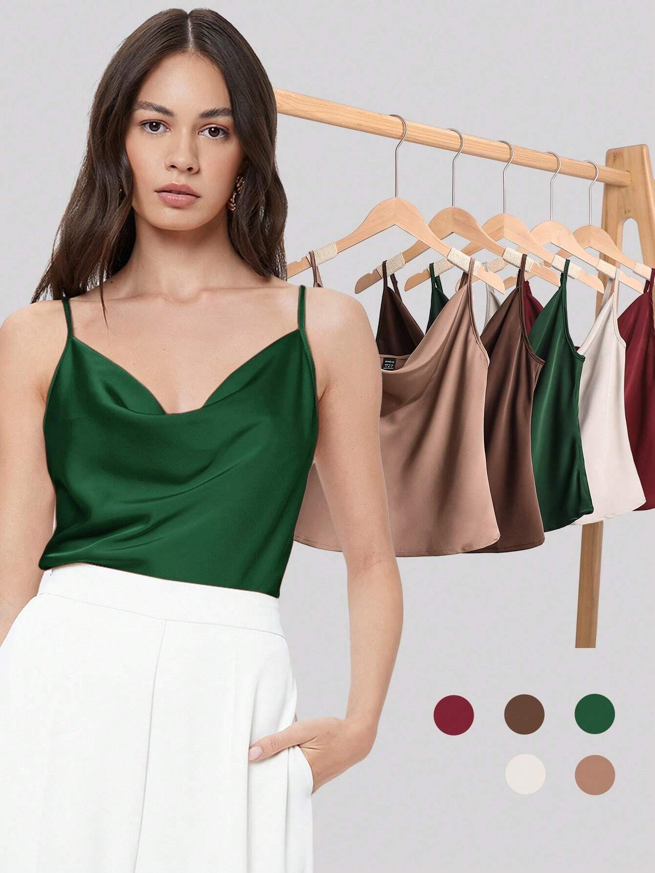 BIZwear Solid Color Draped-Neck Satin Camisole Top shein