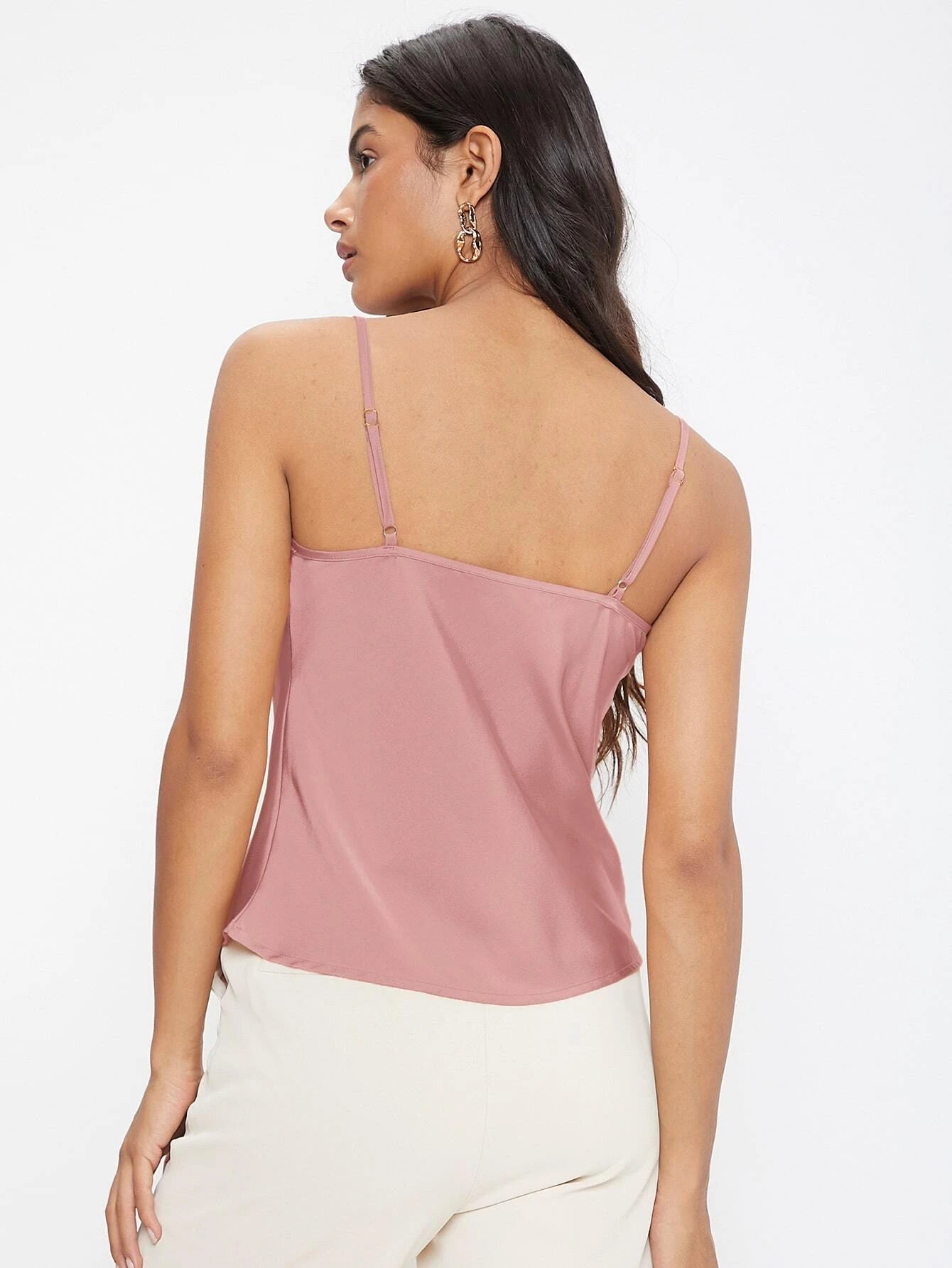 BIZwear Solid Color Draped-Neck Satin Camisole Top shein