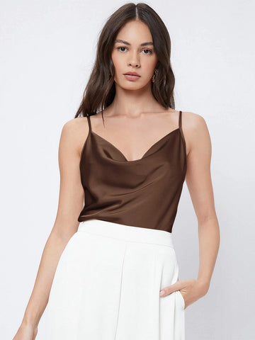 BIZwear Solid Color Draped-Neck Satin Camisole Top shein