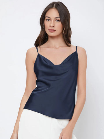 BIZwear Solid Color Draped-Neck Satin Camisole Top shein