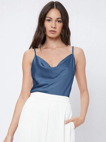 BIZwear Solid Color Draped-Neck Satin Camisole Top shein