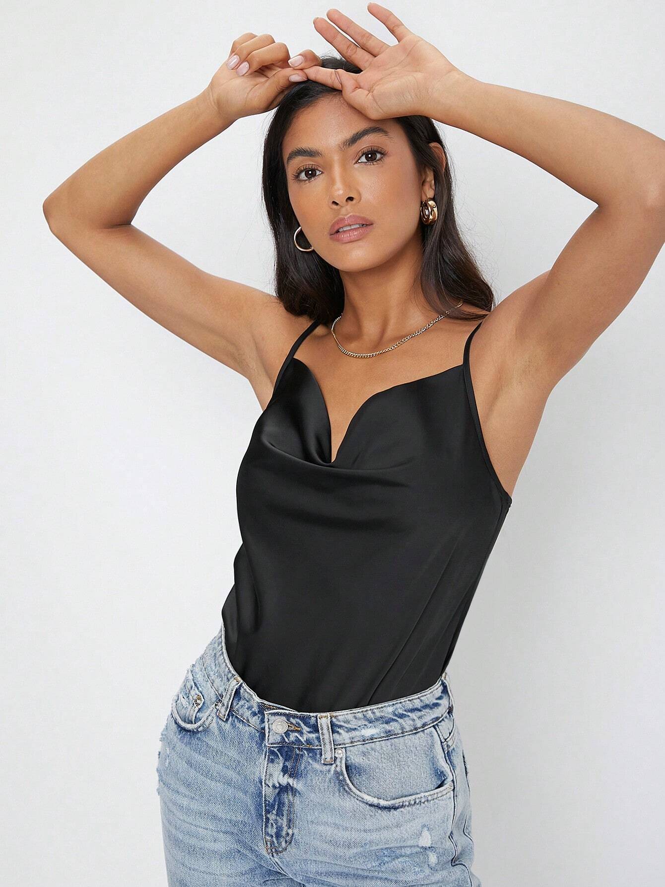 BIZwear Solid Color Draped-Neck Satin Camisole Top shein