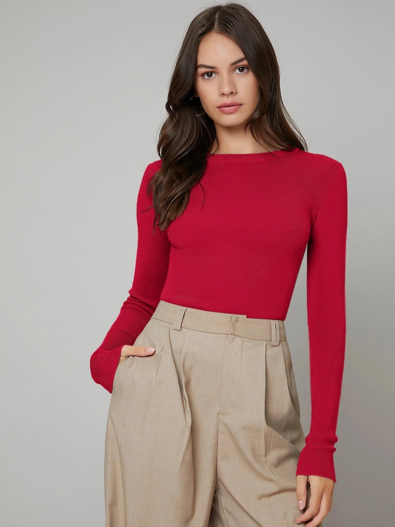 BIZwear Solid Slim Sweater Workwear shein