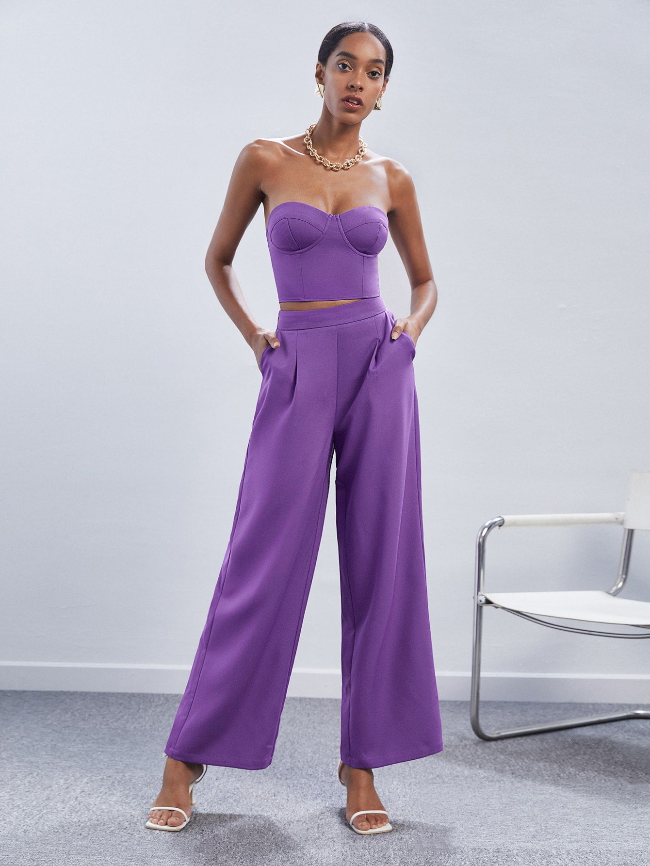 BIZwear Solid Tube Top & Wide Leg Pants Workwear shein